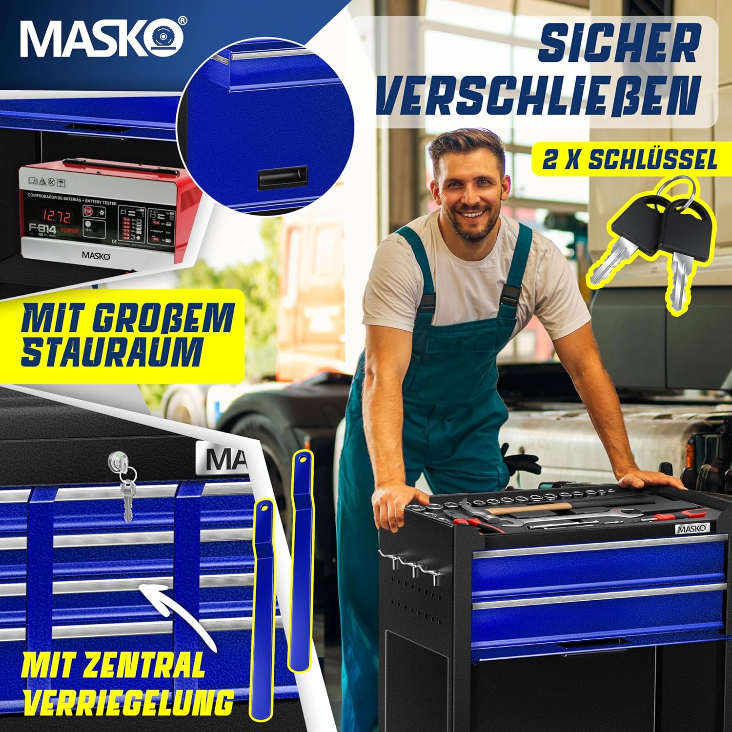 Thumbnail 4 de MASKO Werkstattwagen inkl. Koffer mit Schloss – 9 abschließbare Fächer, massives Metall, blau