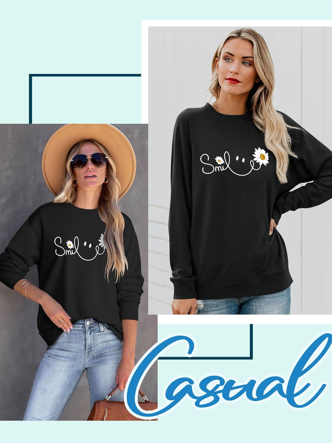 Detalle 2 de Yihelian Damen Sweatshirt mit Gänseblümchen Muster – Weicher Baumwollpullover im Oversize, Rundhals
