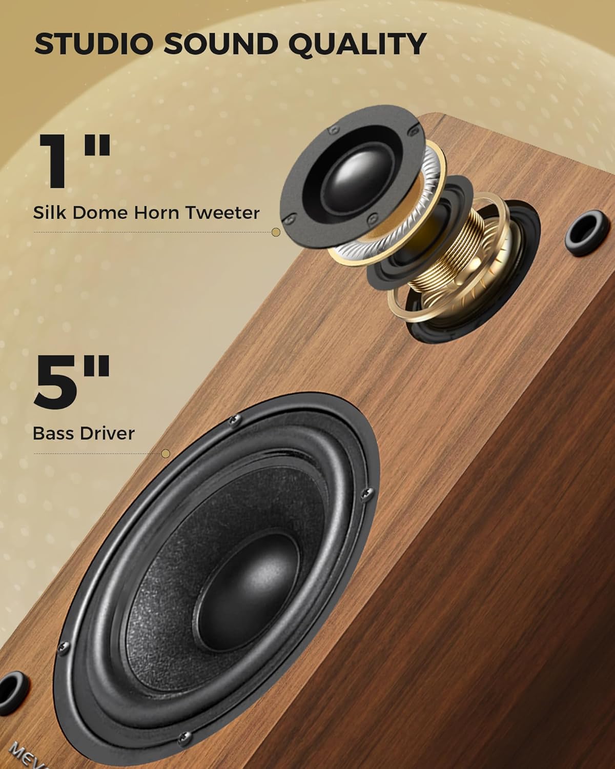 Detalle de MEVOSTO Active Bookshelf Speakers 36W RMS with BT 5.4 – Rich Stereo For PC, TV and Turntable