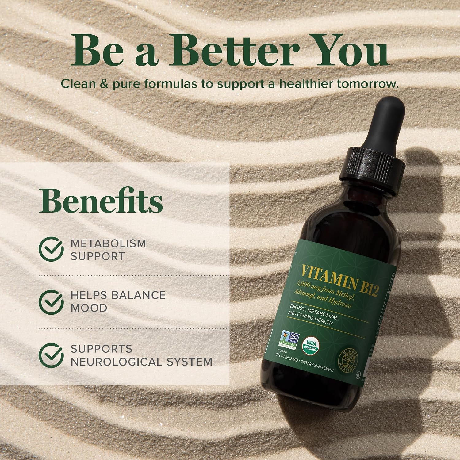 Detalle 2 de Global Healing B12 5,000 mcg Sublingual Liquid Drops, Vegan, 2 oz