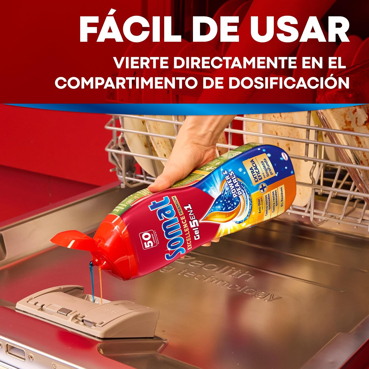 Detalle 2 de Somat Excellence Duo Gel Frescor Anti-Olor (2x560 ml) detergente lavavajillas todo en 1 con vinagre