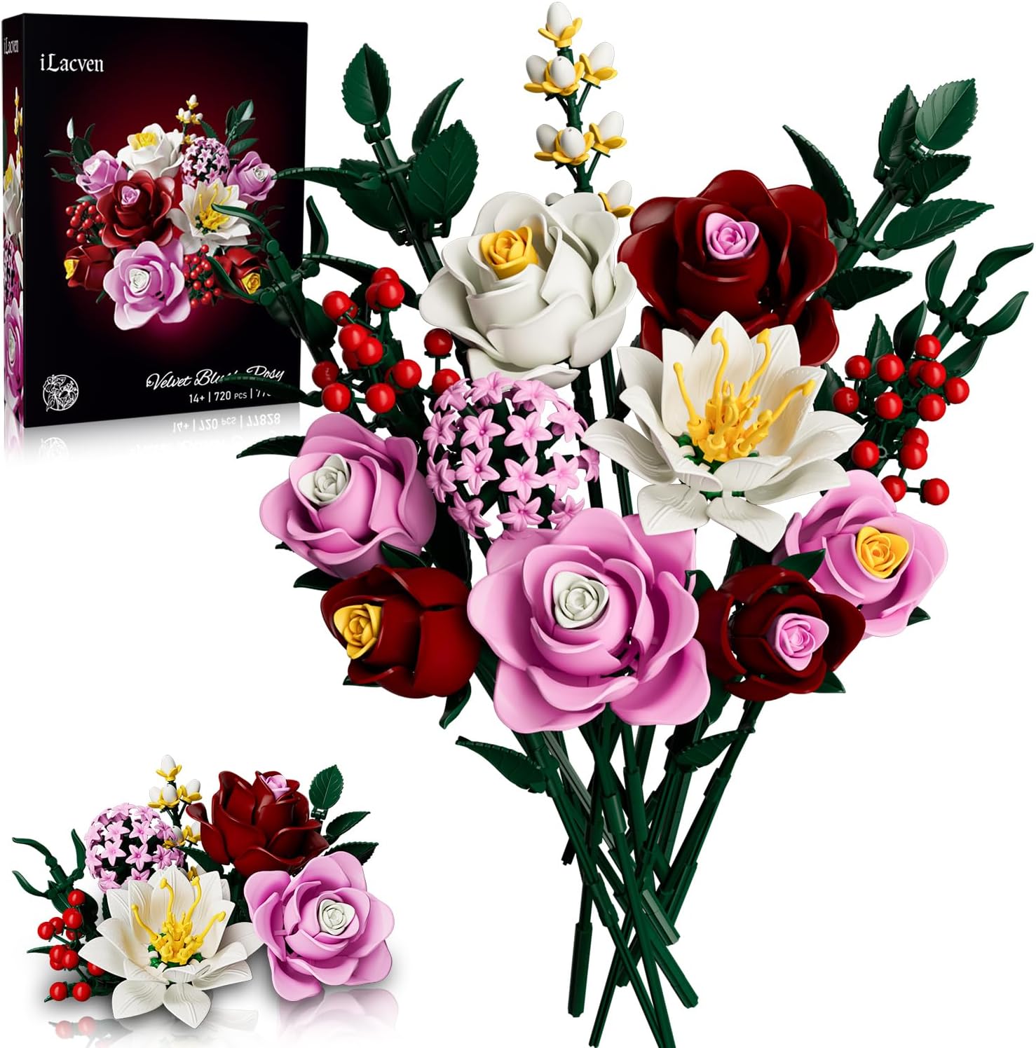 Detalle de Layered Blush Pink Roses Bouquet Building Set, 720 Pieces, Adjustable Stems