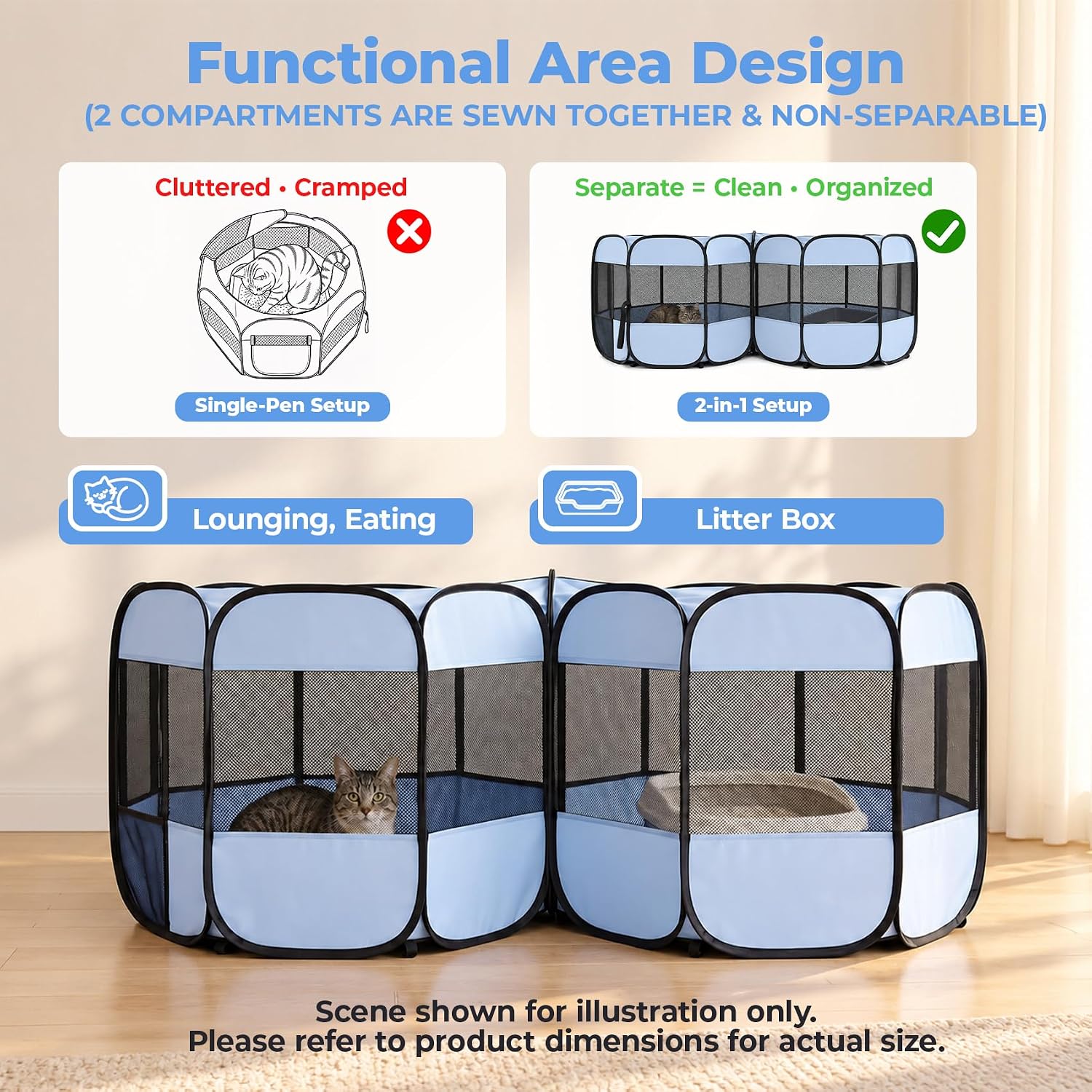 Detalle 2 de EighteenTek 2-in-1 XLarge Pop-Up Pet Playpen, Two Rooms, Gray