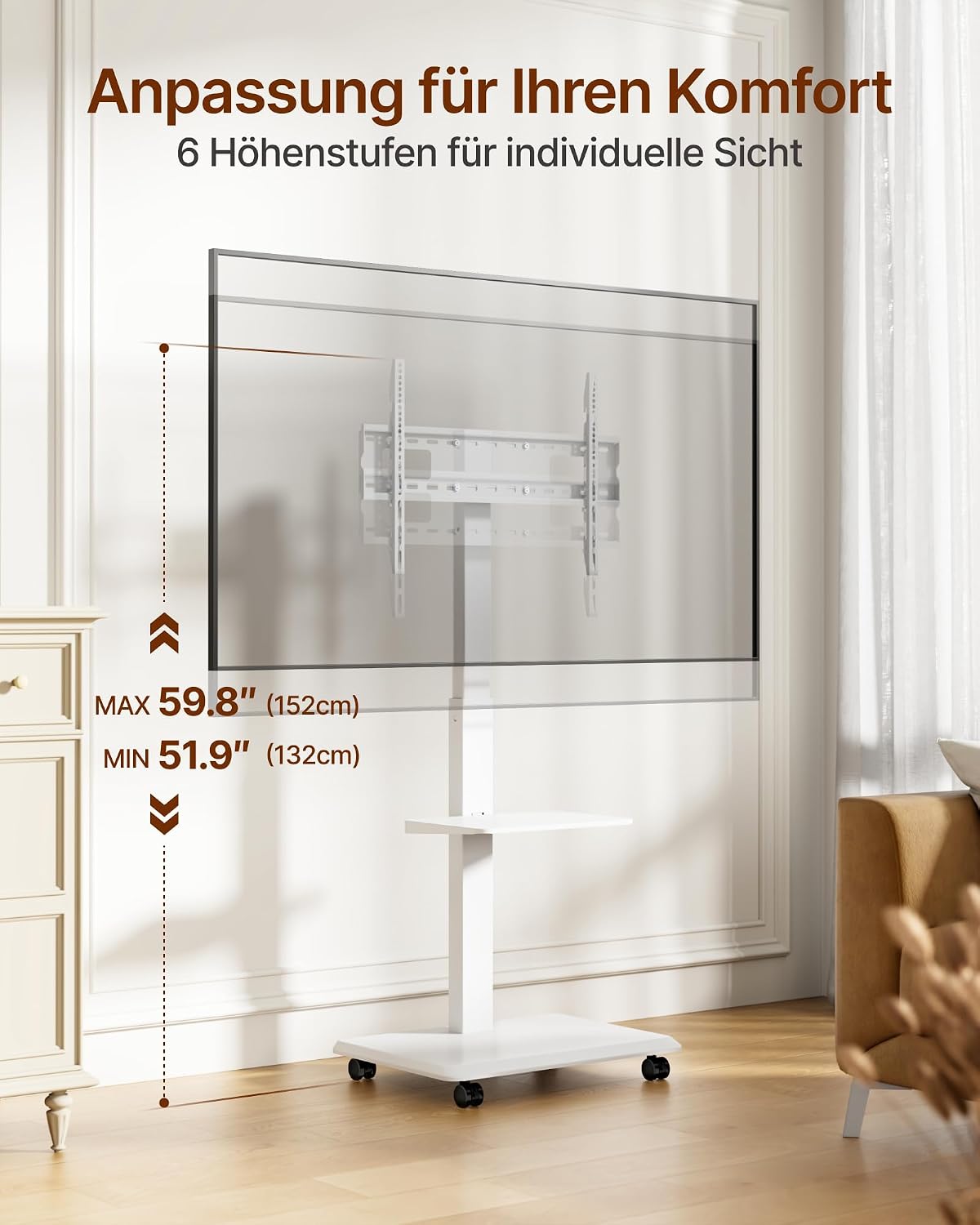 Detalle de ECOTINY TV Ständer Rollbar aus Stahl für 37–75 Zoll – höhenverstellbar, schwenkbar, neigbar, Kabelverwaltung, Weiß