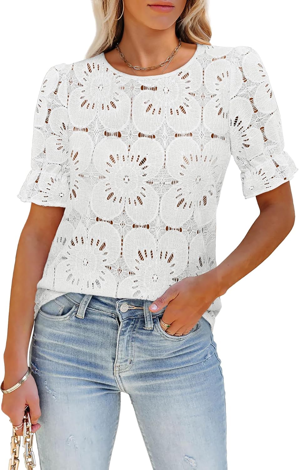 Detalle de LUXVEER Women's Eyelet Tops Puff Short Sleeve Blouses with Floral Embroidery