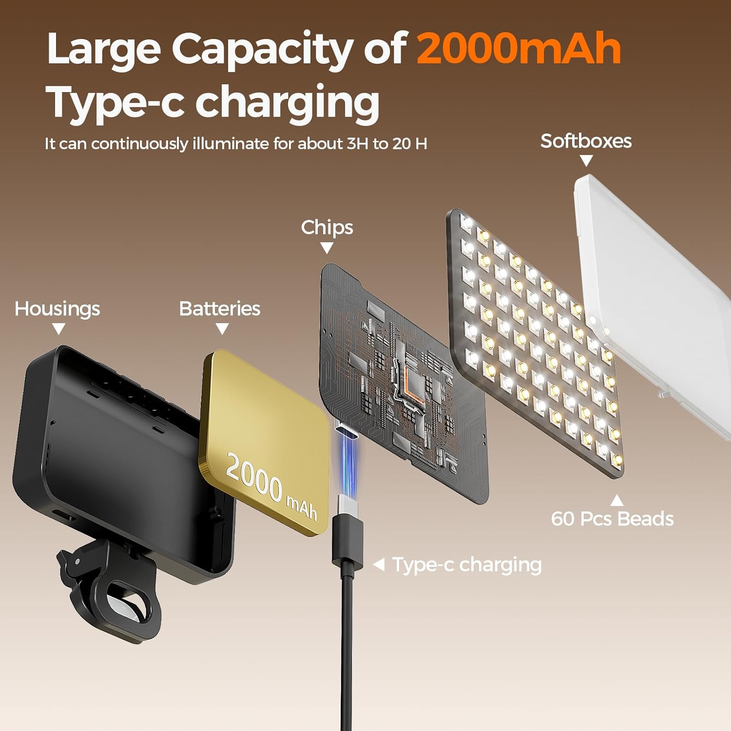 Detalle de Lumière Téléphone Selfie Light 60 LED, 3 températures de couleur et batterie 2000 mAh