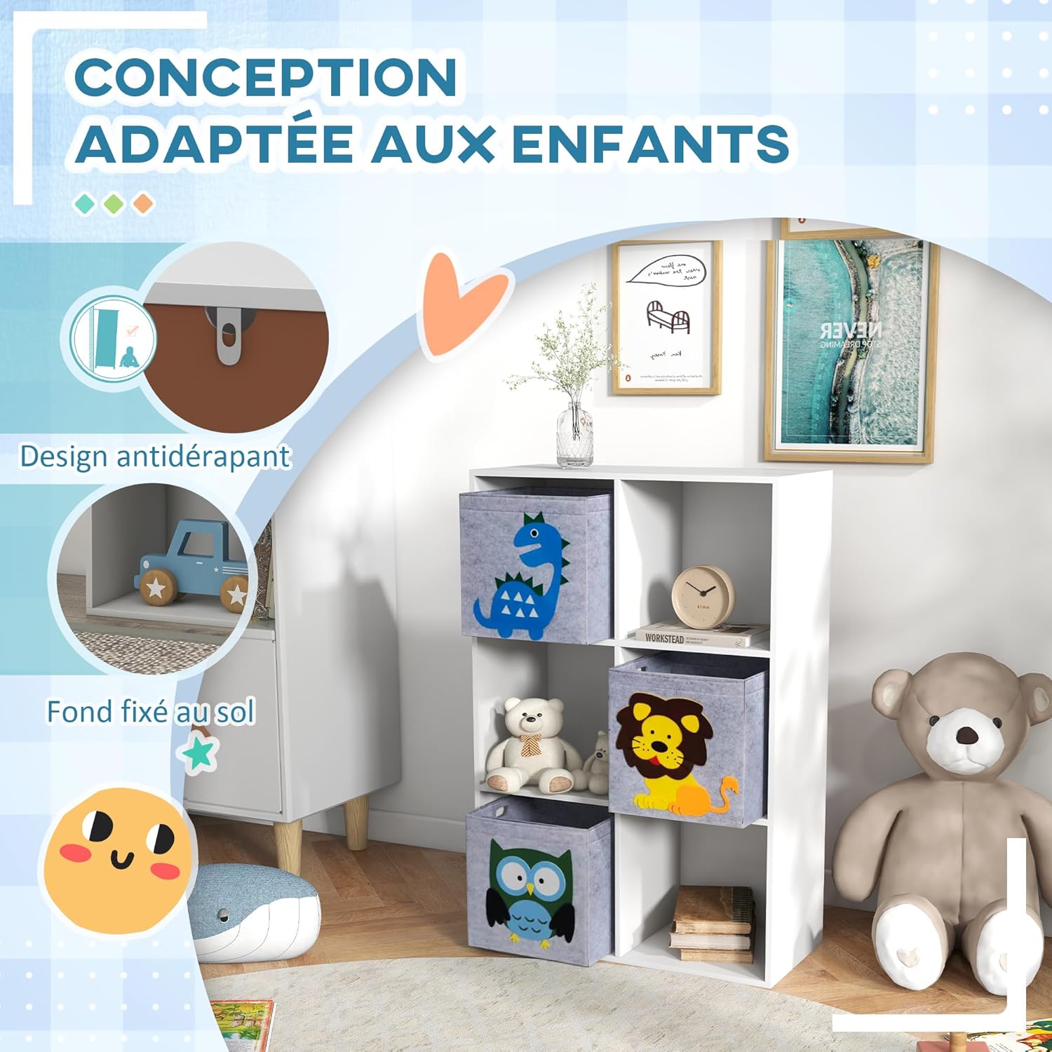 Detalle 2 de ZONEKIZ Meuble de Rangement pour Enfant – Bibliothèque à 6 compartiments avec cubes en tissu motif animaux