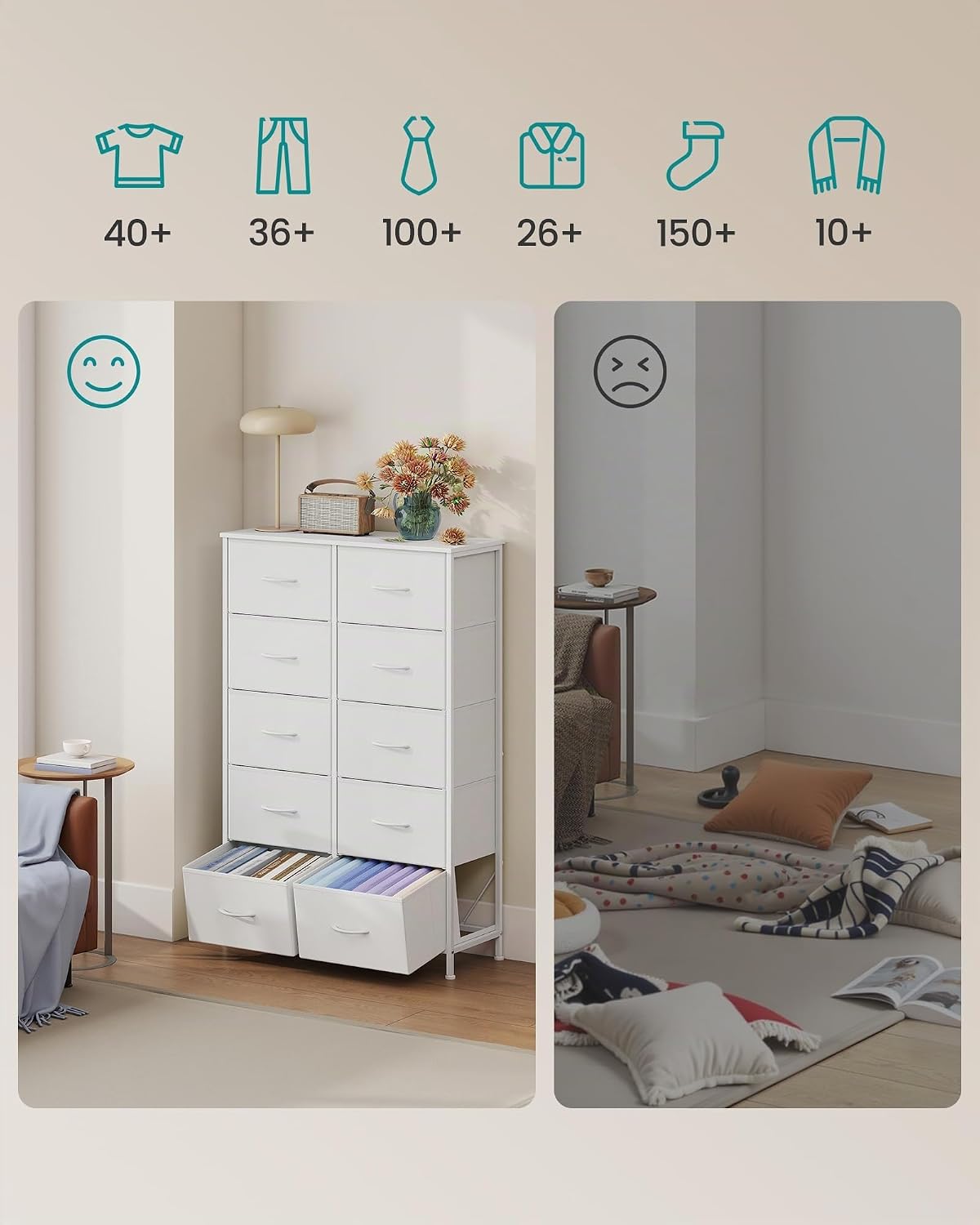 Detalle 2 de SONGMICS LGS125WH01 byrå med 10 lådor i molnvit och snövit