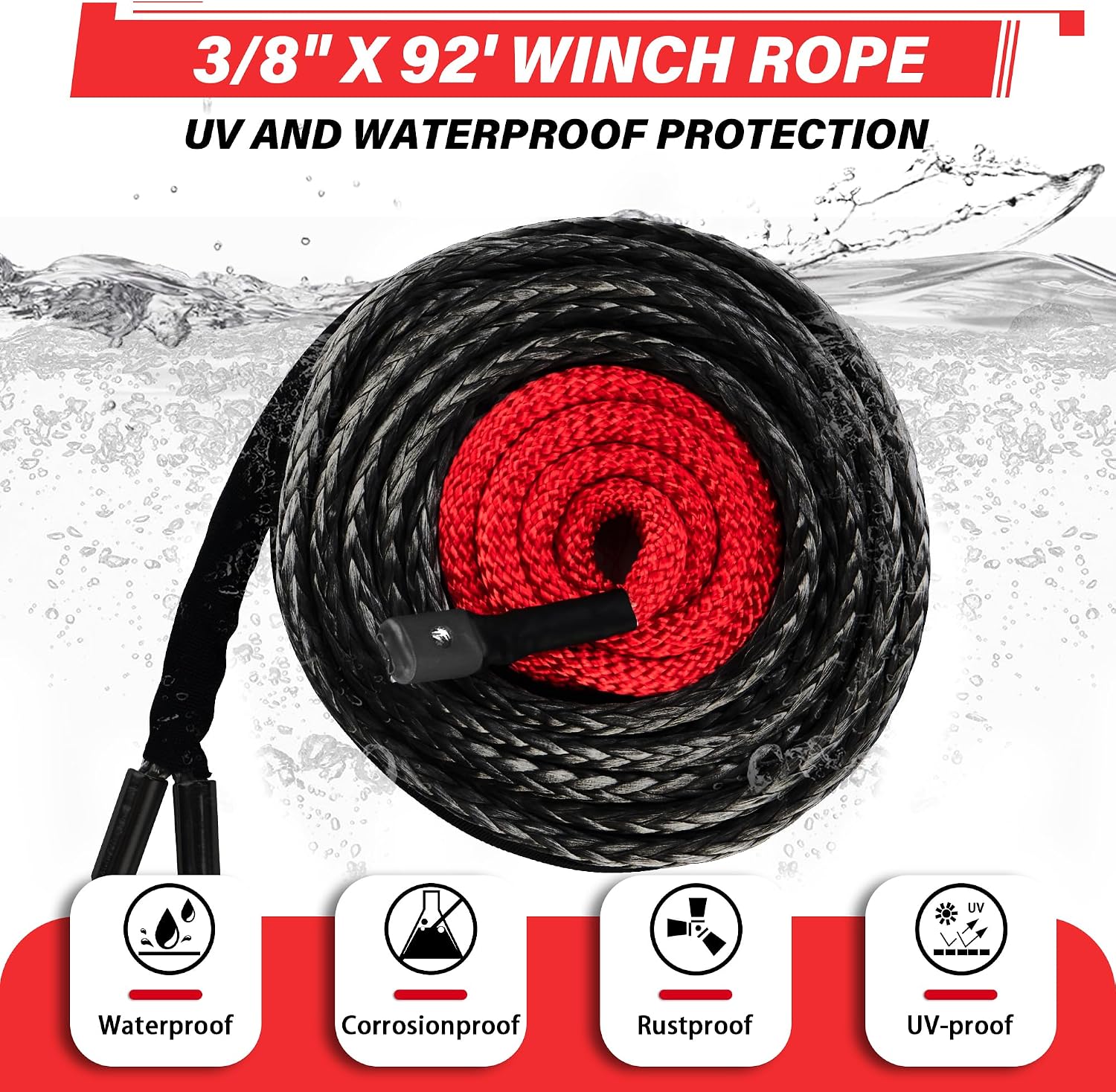 Thumbnail 1 de TYT Synthetic Winch Rope Kit - 3/8" x 92' (27000 lbs) with Protective Sleeve, Heavy Duty Hook & Safety Pull Strap