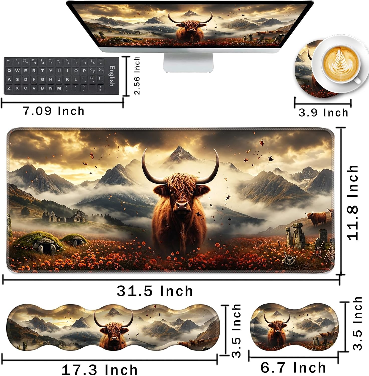 Thumbnail 1 de CICPLKSE Keyboard Wrist Rest and Mouse Pad Set, Memory Foam, Highland Cow
