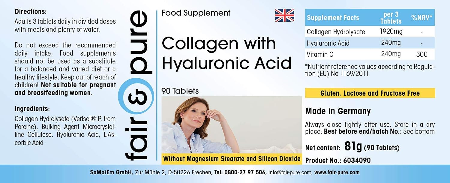 Detalle de Fair & Pure Collagen 640 mg mit Hyaluronsäure und Vitamin C – 90 Tabletten, deutsche Herstellung