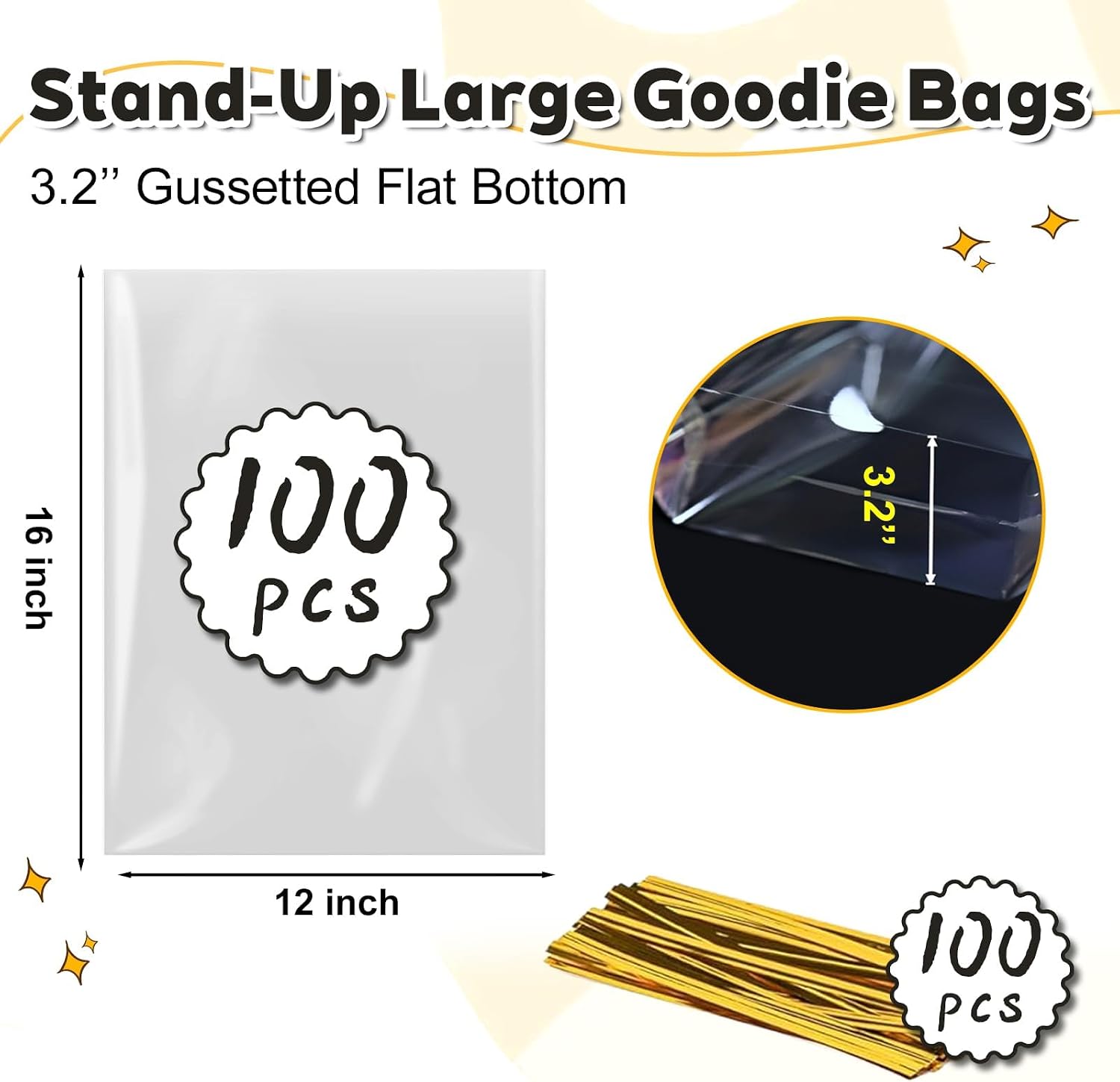 Detalle de PigPotParty 12 x 16-Inch Clear OPP Gift Bags, 100-Pack with Gold Ties