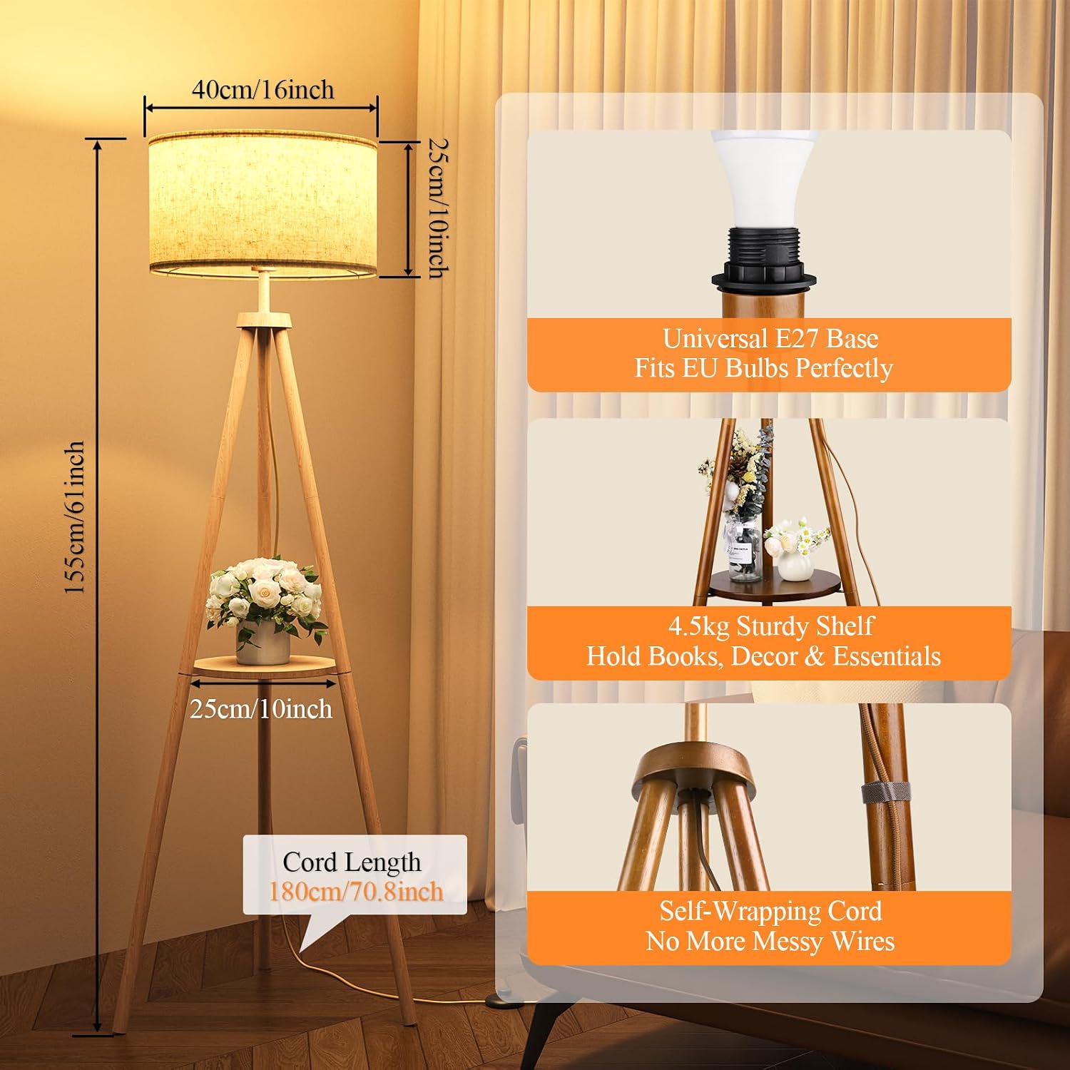 Thumbnail 4 de YICAIZI Tripod Floor Lamp with Storage Shelves