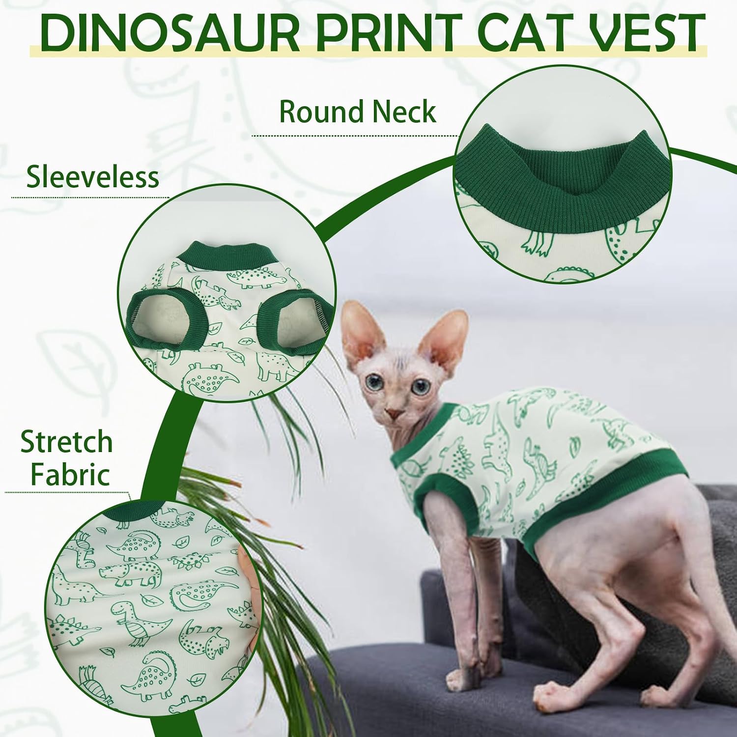 Detalle de OUOBOB Sleeveless Cat Vest in Dralon Fleece – Dino Print, Sphynx & All Breeds (Green M)