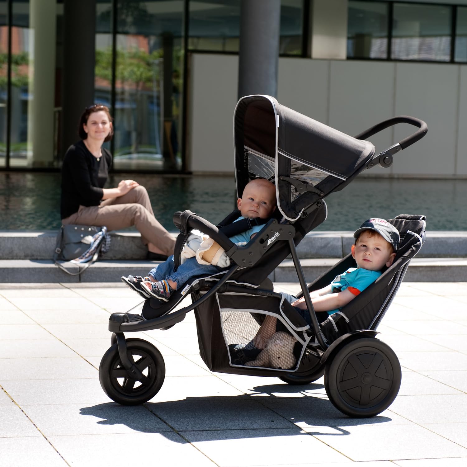 Detalle de hauck Dreirad Geschwisterbuggy Freerider Black –-zweifach flexibel für Baby ab Geburt und Kleinkind bis ca. 3 Jahre