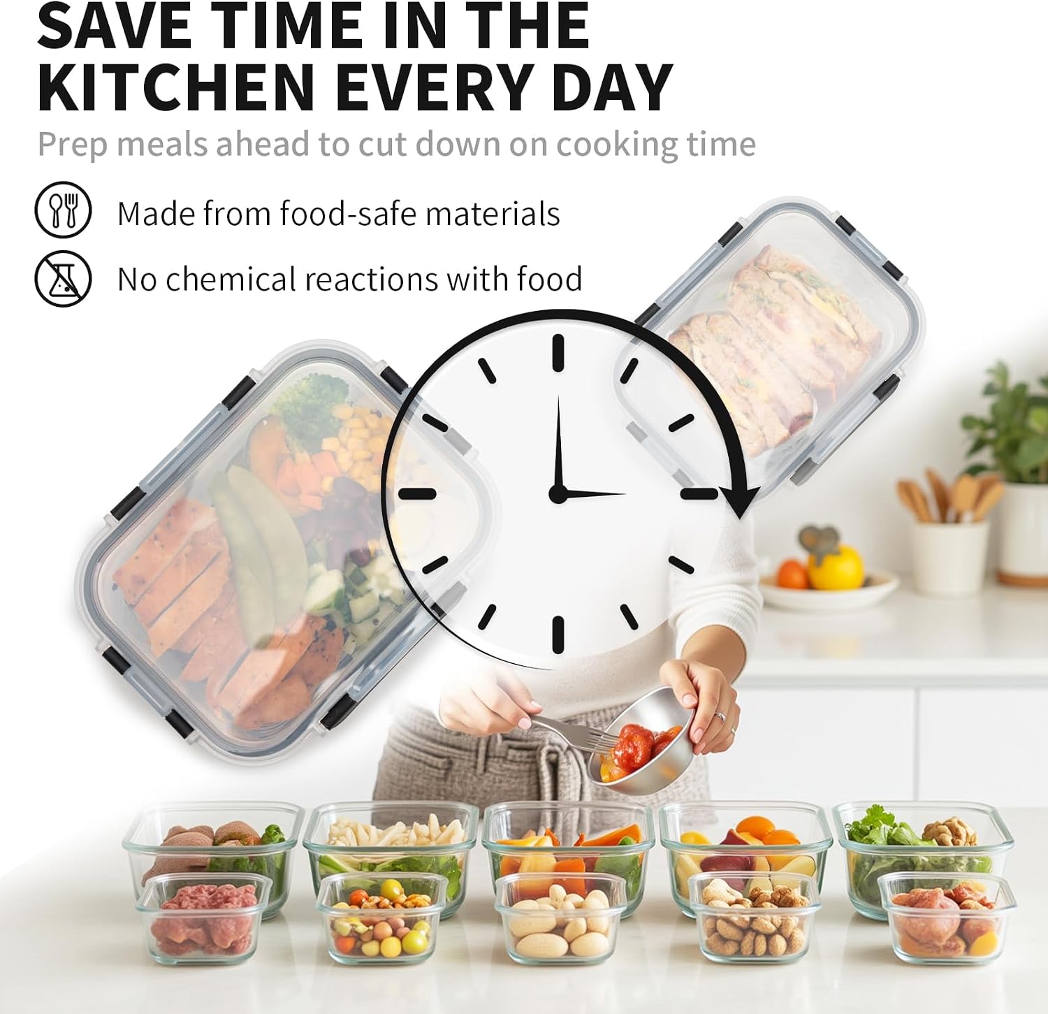 Detalle de S SALIENT 5-pack glass storage containers with lids (borosilicate), airtight & leakproof, BPA-free