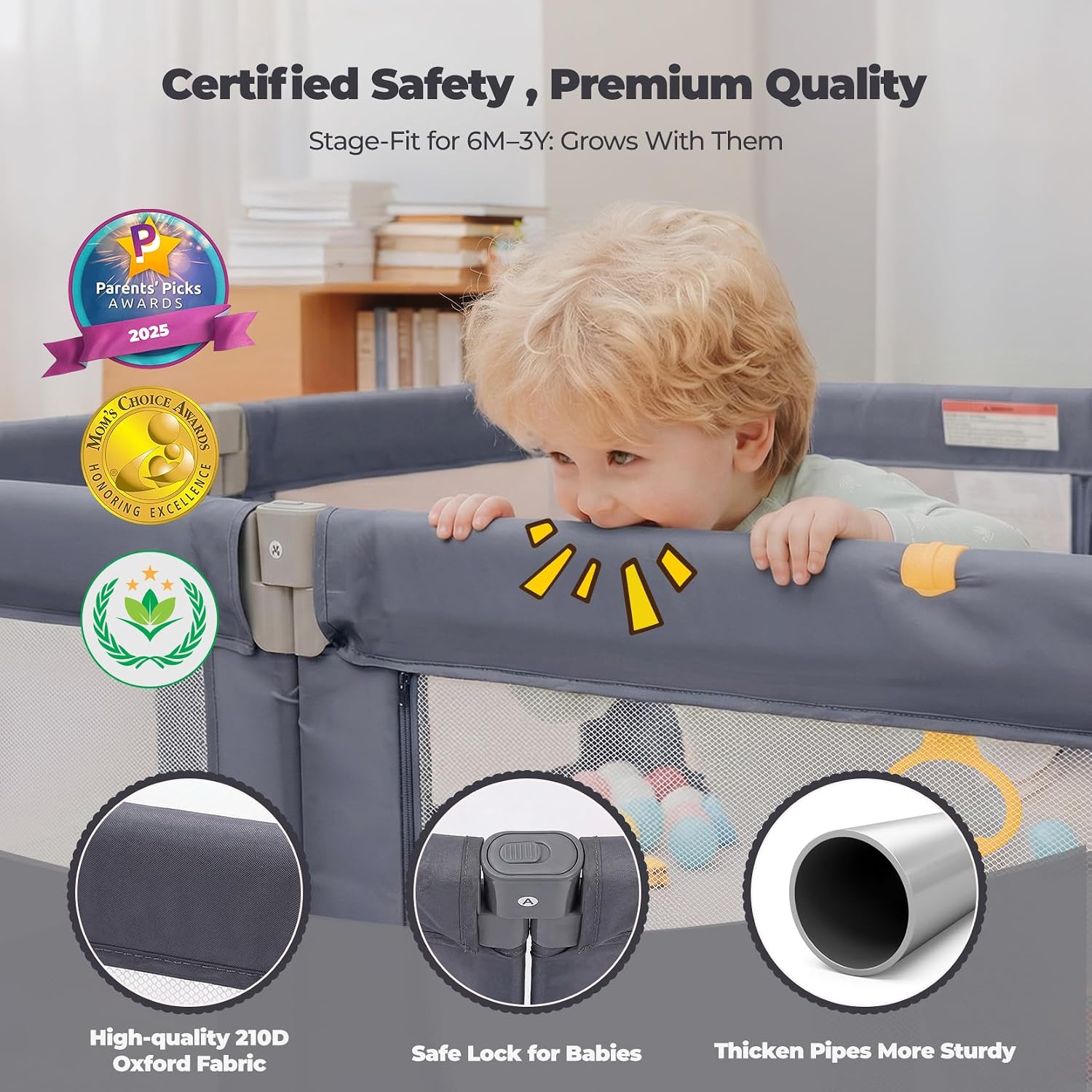 Detalle 1 de Kidirect Foldable Baby Playpen, 71" × 69", Gray Mesh, 8 Panels