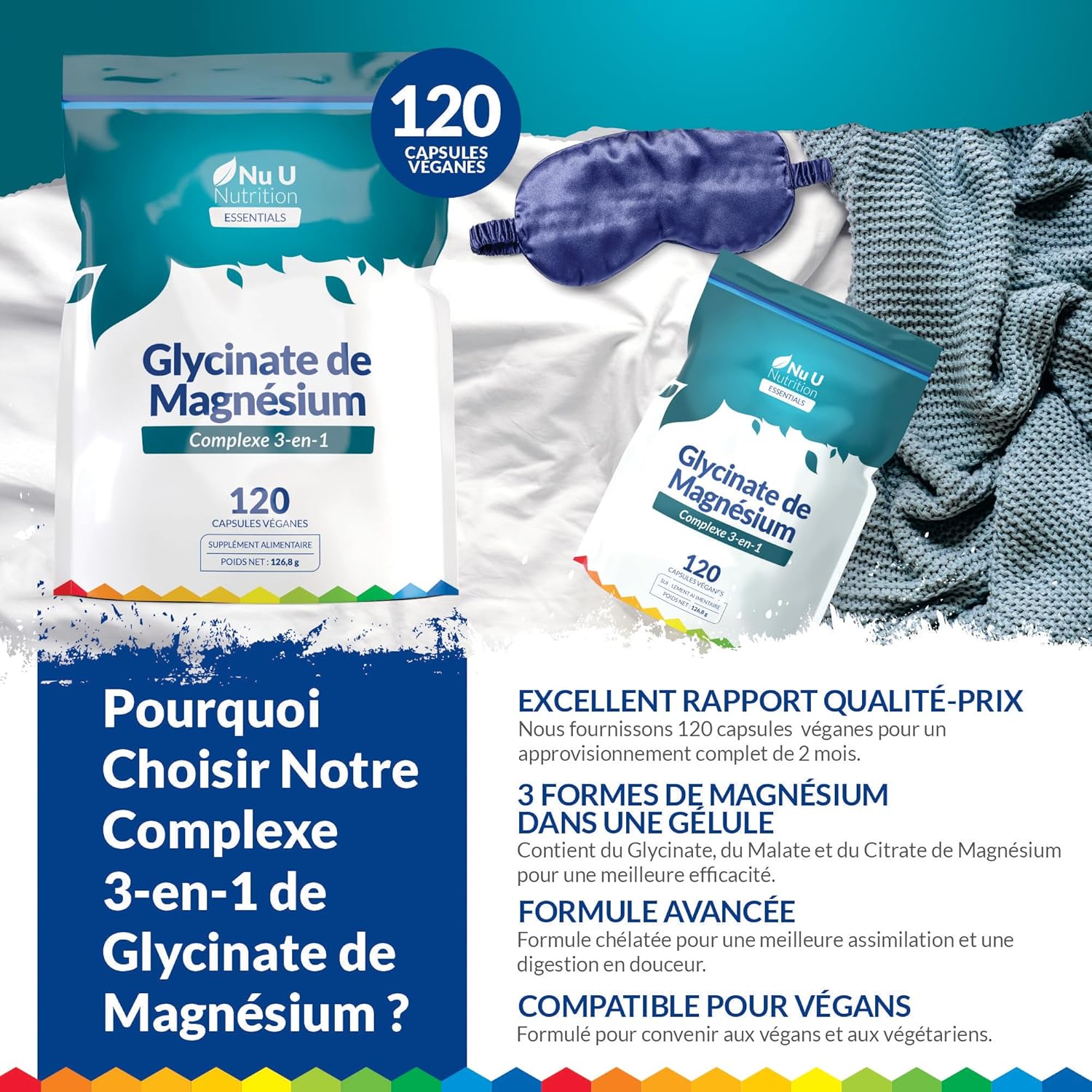 Thumbnail 2 de Nu U Nutrition Magnésium Glycinate 3-en-1 Complex 1813 mg - 120 capsules