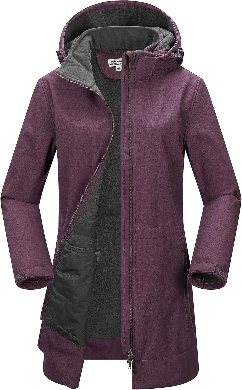 Detalle de Outdoor Ventures Damen Softshell Lange Jacke mit Kapuze – Fleece gefüttert, wind- und wasserdicht