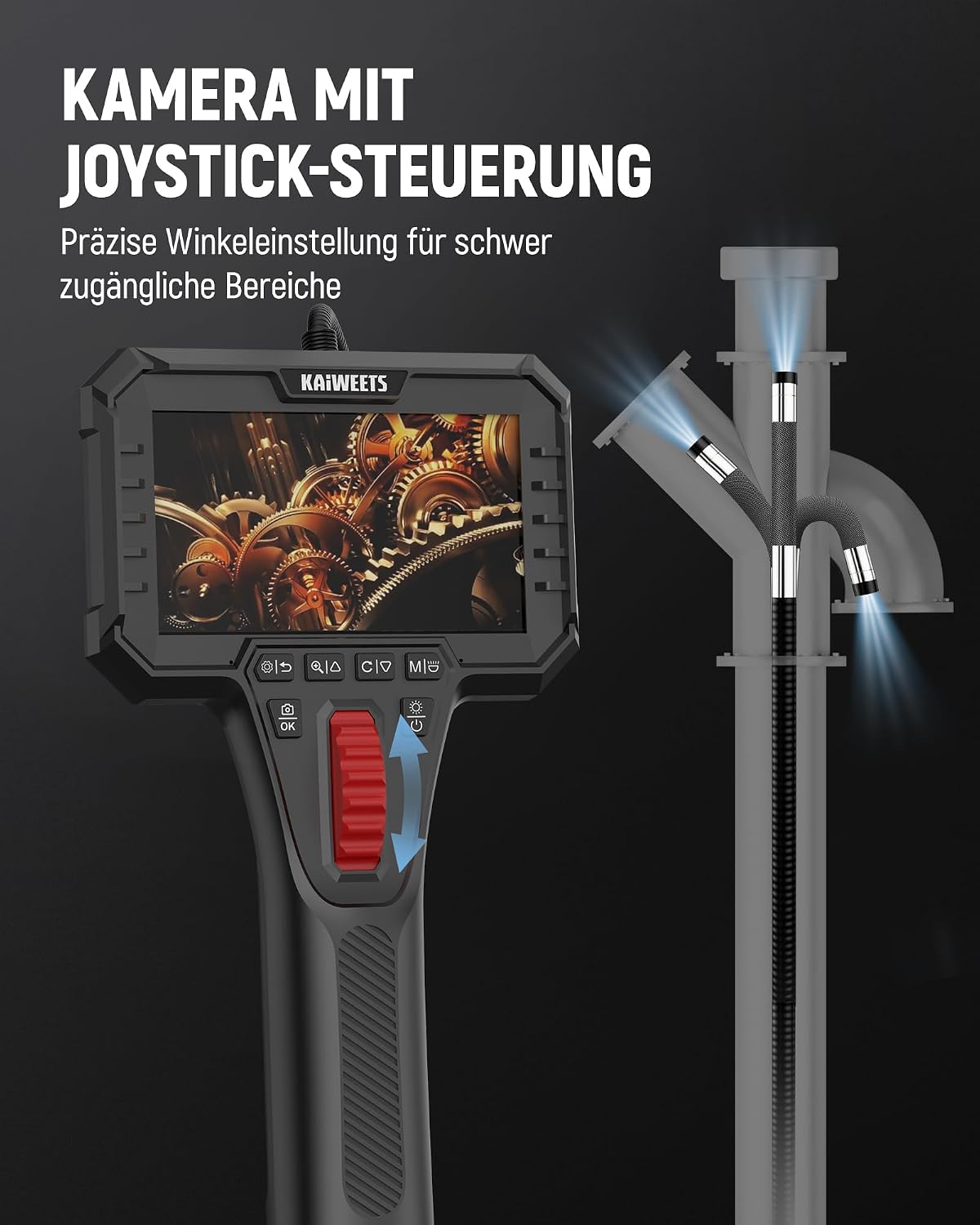 Thumbnail 1 de KAIWEETS Endoskopkamera mit Licht – 6,5 mm Dünn, 210° Articulation, 1080P Display, IP67, 1,6 m Kabel