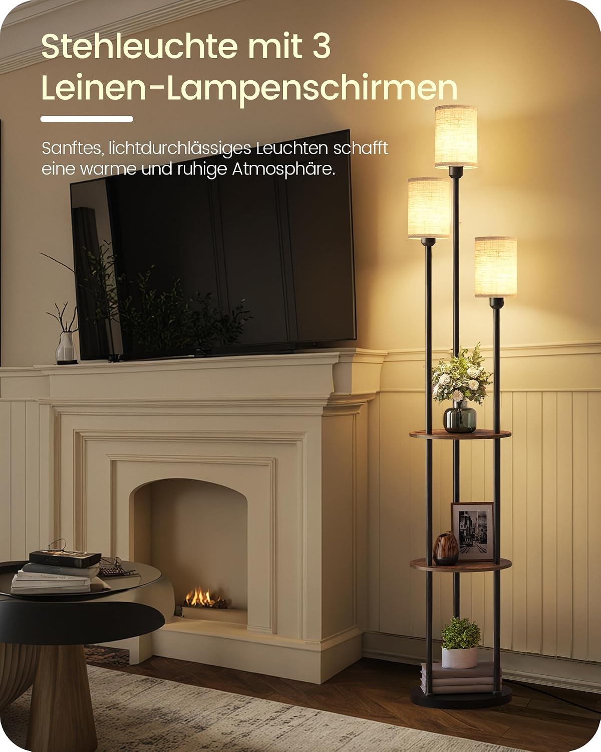 Detalle 2 de GOEBLESON Stehlampe Wohnzimmer mit Ablage, 3-flammige Vintage-Leuchte aus Holz mit Fußschalter – E27 Fassungen