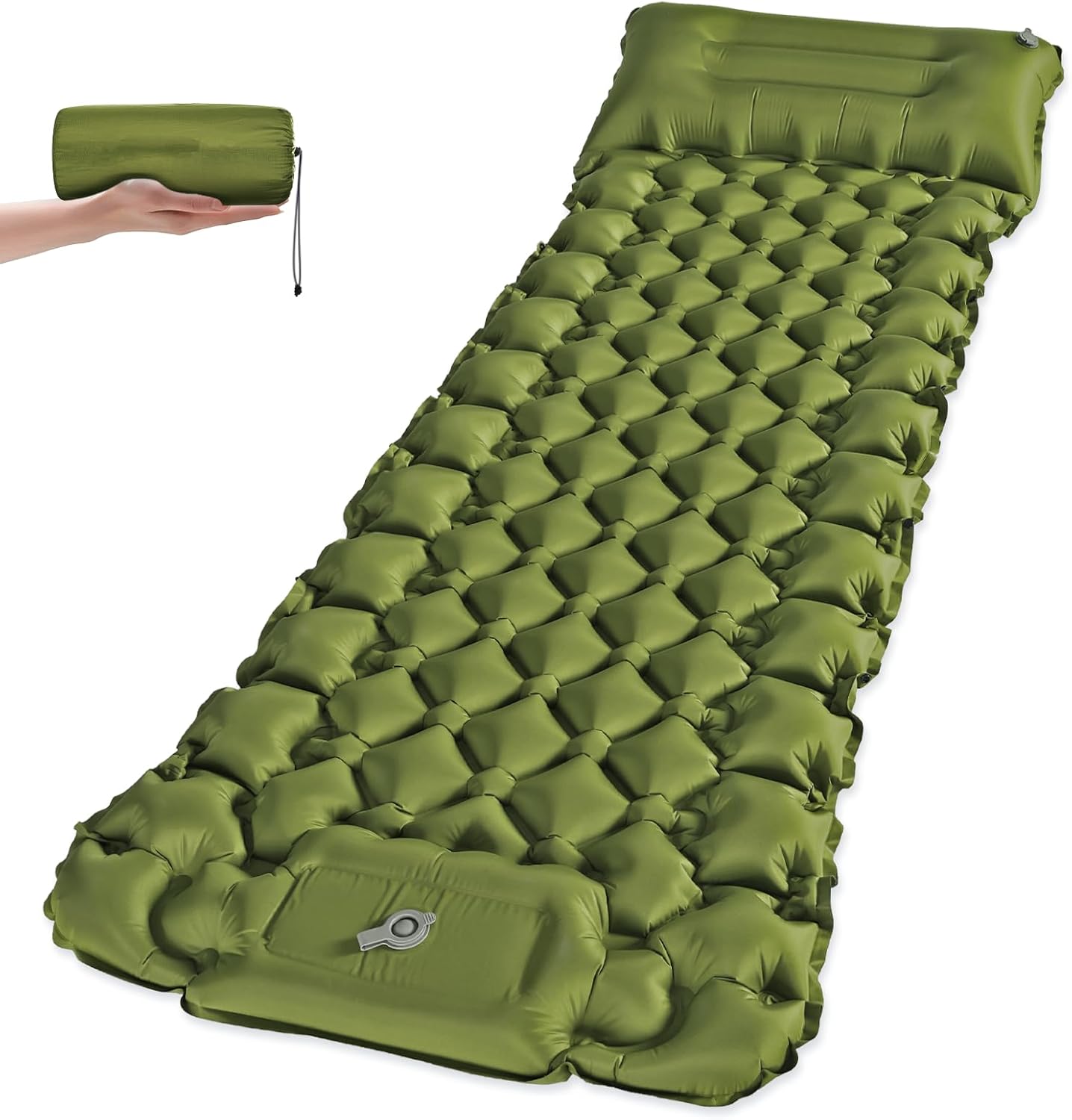 Detalle de NHOWIN Isomatte Camping – Leichte, kompakte Luftmatratze mit integrierter Fußpumpe, 9 cm Dicke, 196 × 68 cm, Grün