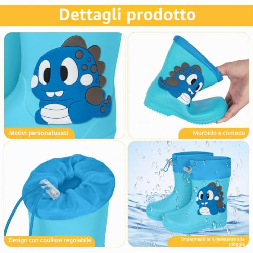 Thumbnail 4 de Aomig Stivaletti da pioggia per bambini in PVC, dinosauro blu, EU 22-23
