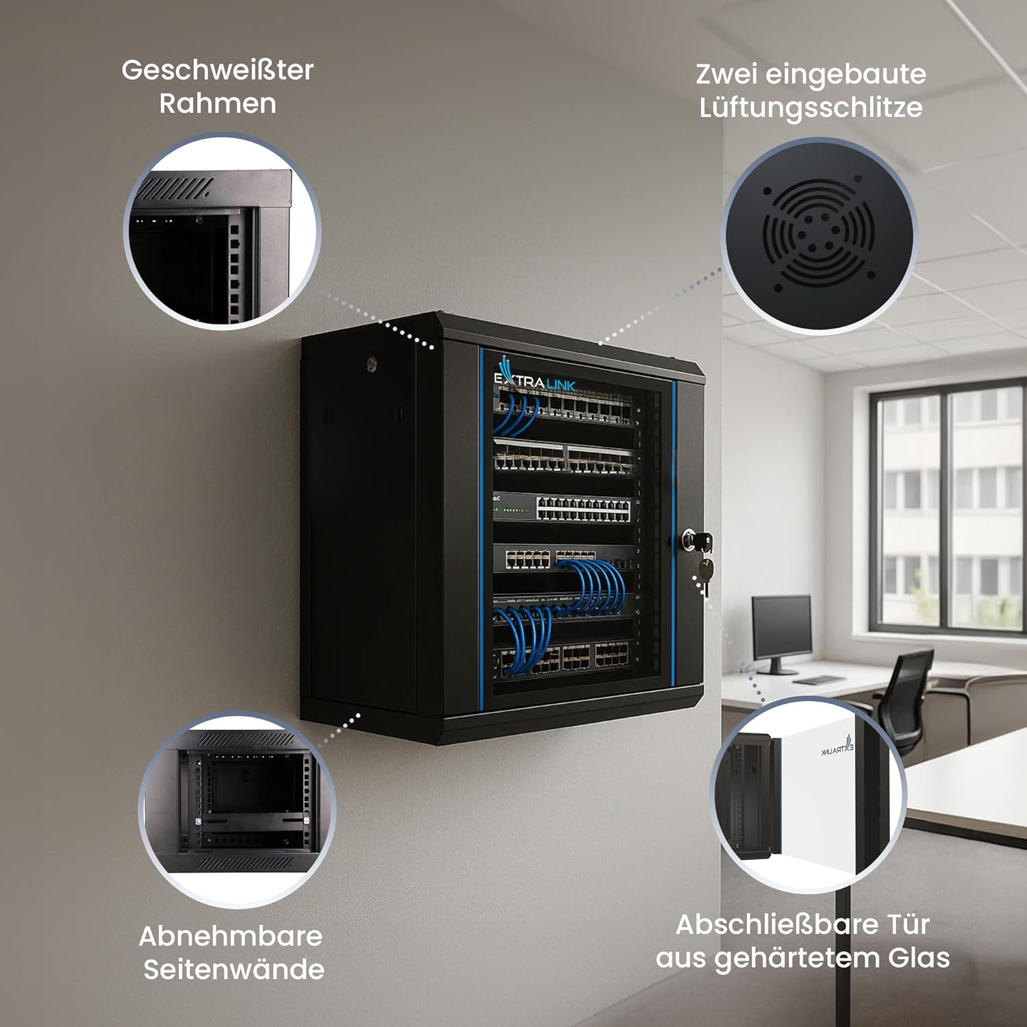 Thumbnail 1 de Extralink 19-Zoll-Serverschrank 9HE (450 mm) mit gehärteter Glastür, abschließbar – Wand- oder Standmontage