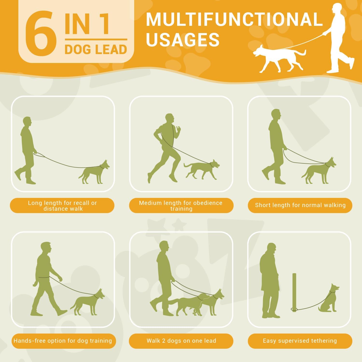 Thumbnail 2 de PETCOOZ Hundeleine mit 2 Karabinern, verstellbar auf 7 Längen – Schleppleine/Doppelleine für Hunde bis 30 kg, 3 m, dunkelgrün