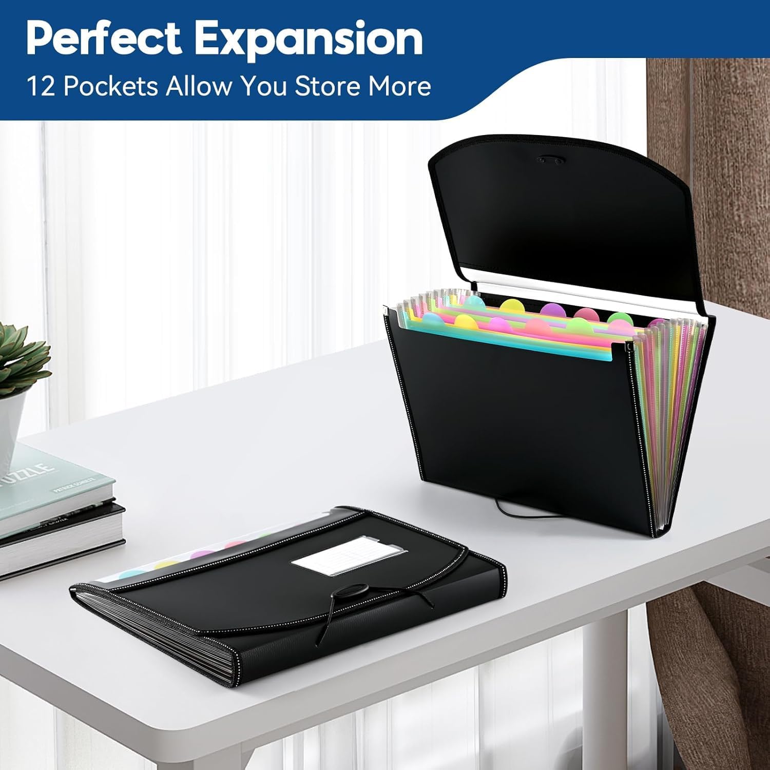 Thumbnail 2 de 13 Pockets File Organiser Accordion Expanding Folder with 12 Tabs for A4 Documents (Black)