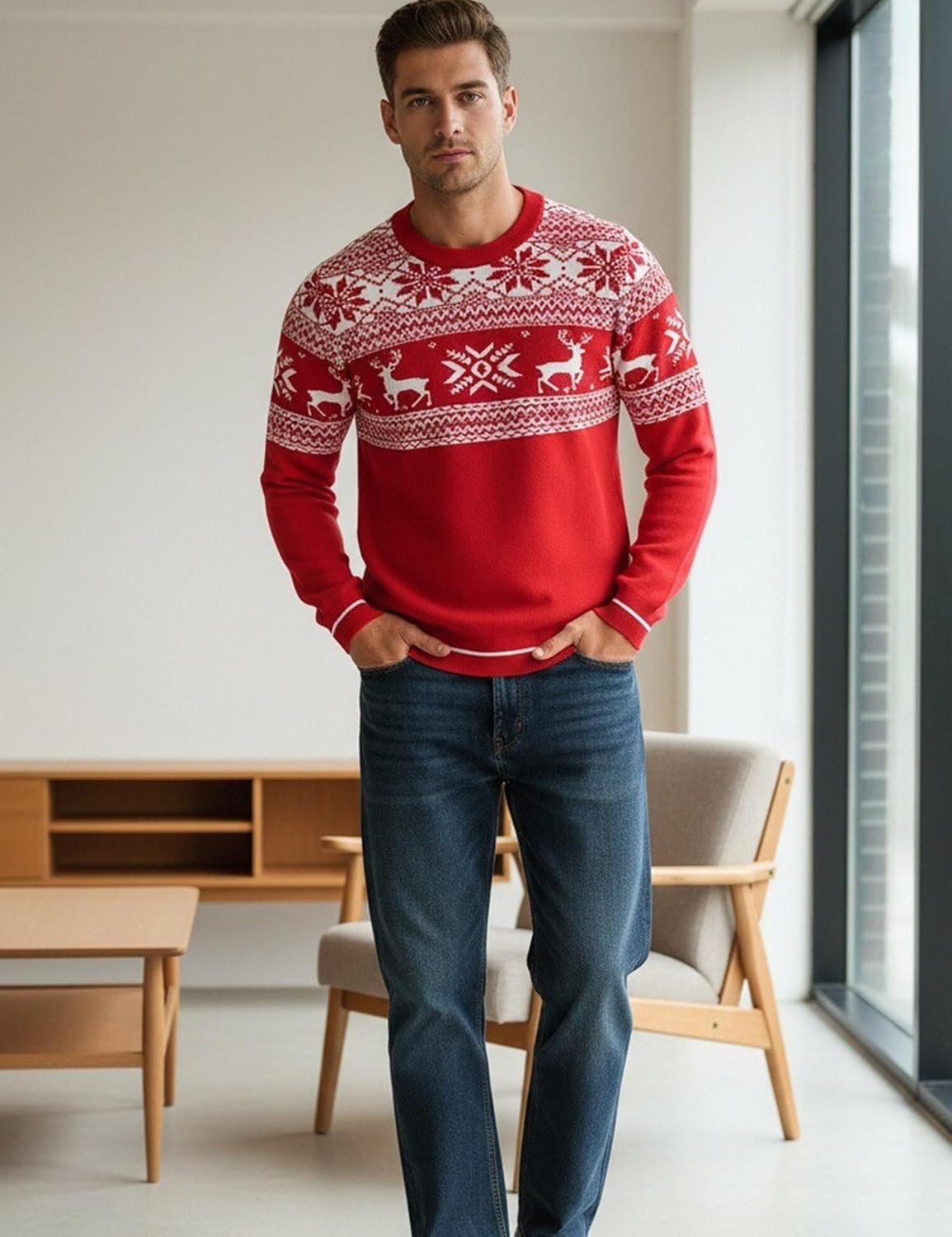 Detalle 2 de Jahetuul Pull de Noël homme à col rond : renne et flocon, manches longues