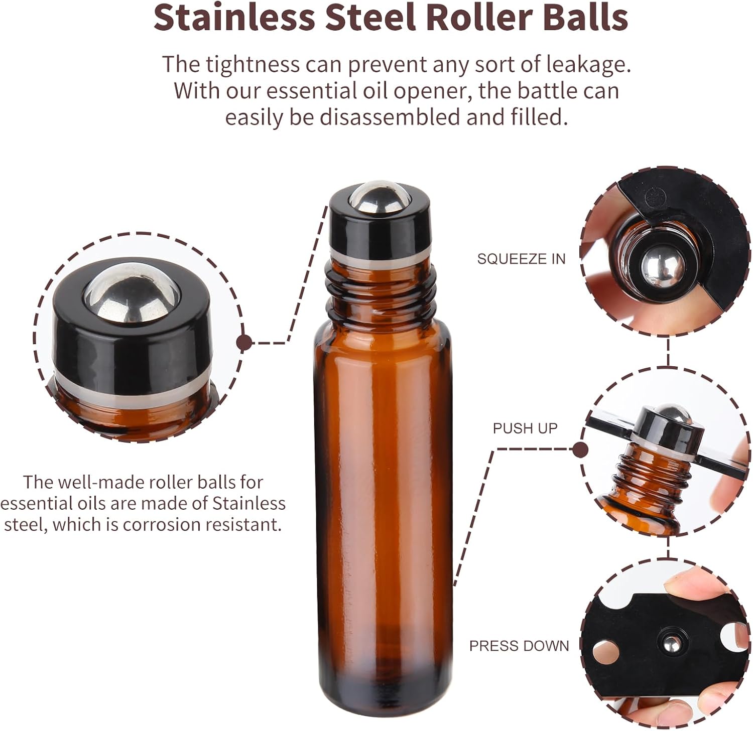 Detalle 2 de Hyber&Cara 10ml Glass Roll-On Bottles (12 pack) with Stainless Steel Roller Balls