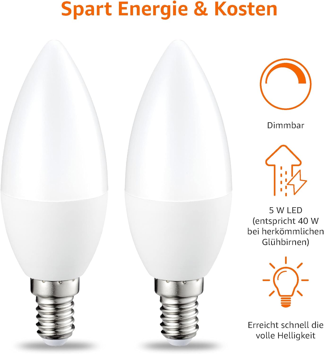Detalle 2 de Amazon Basics E14 LED Kerzenform – 2er-Set, 6 W, dimmbar, warmweiß 2700 K