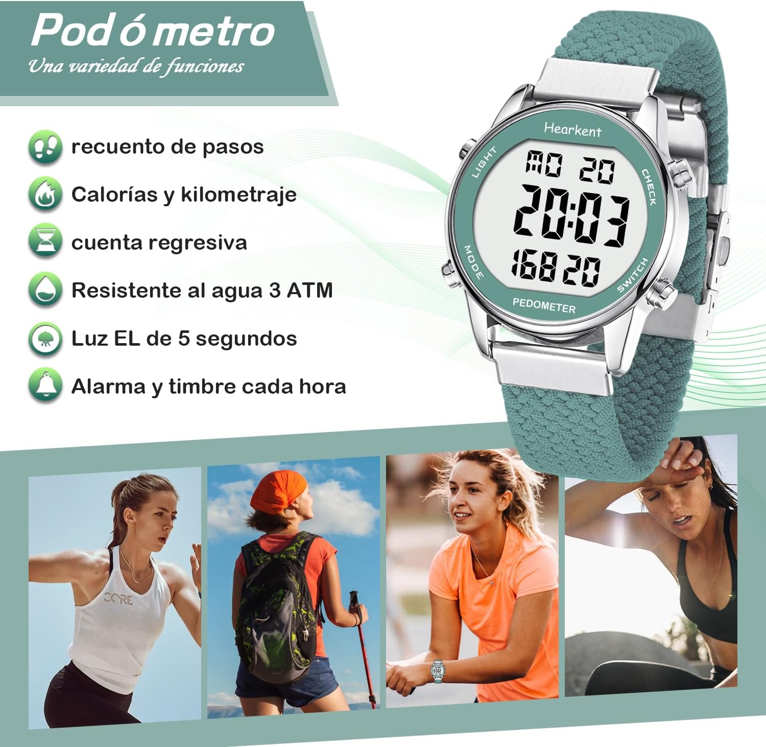 Detalle de Reloj podómetro Hearkent para Mujer 2401 (Verde): pasos, calorías y distancia sin carga ni app