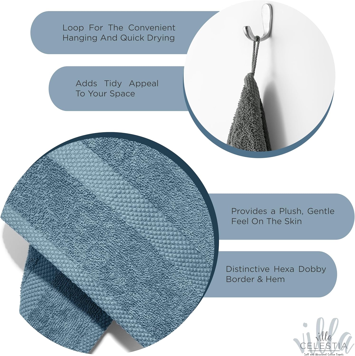 Detalle de Villa Celestia Cotton Washcloths Set of 6, 12x12 Inches — 100% Ring-Spun Combed Cotton