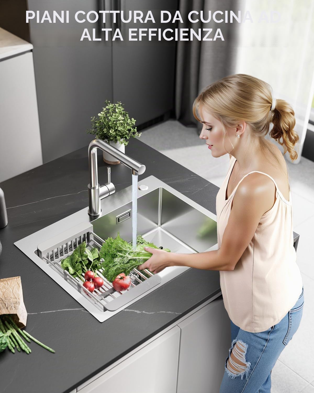 Detalle de Sofetiy Lavello da cucina 60 x 45 cm in acciaio inox SUS 304 con 2 fori per rubinetto e sifone, sotto-piano moderno