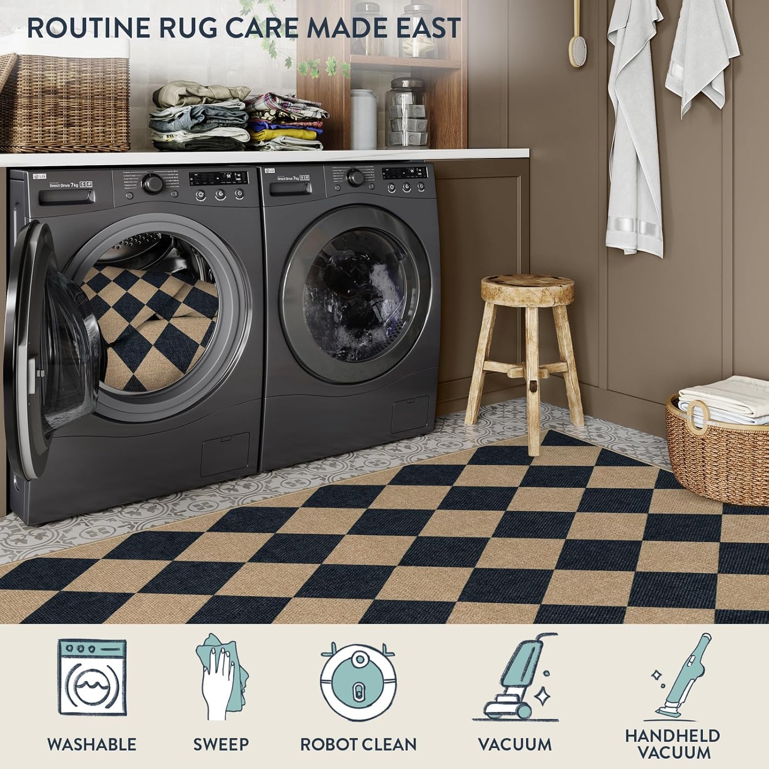 Thumbnail 4 de Lahome Colette Checkered Easy Jute Area Rug 8x10 (Black/Charcoal) for Indoor Outdoor Spaces