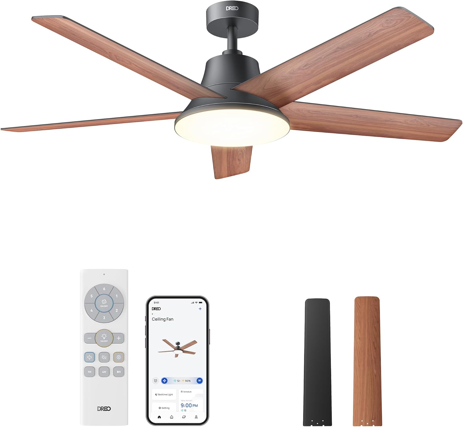 DREO 52-Inch Ceiling Fan with Lights (6 Speeds, Dimmable LED, Remote, 8H Timer)