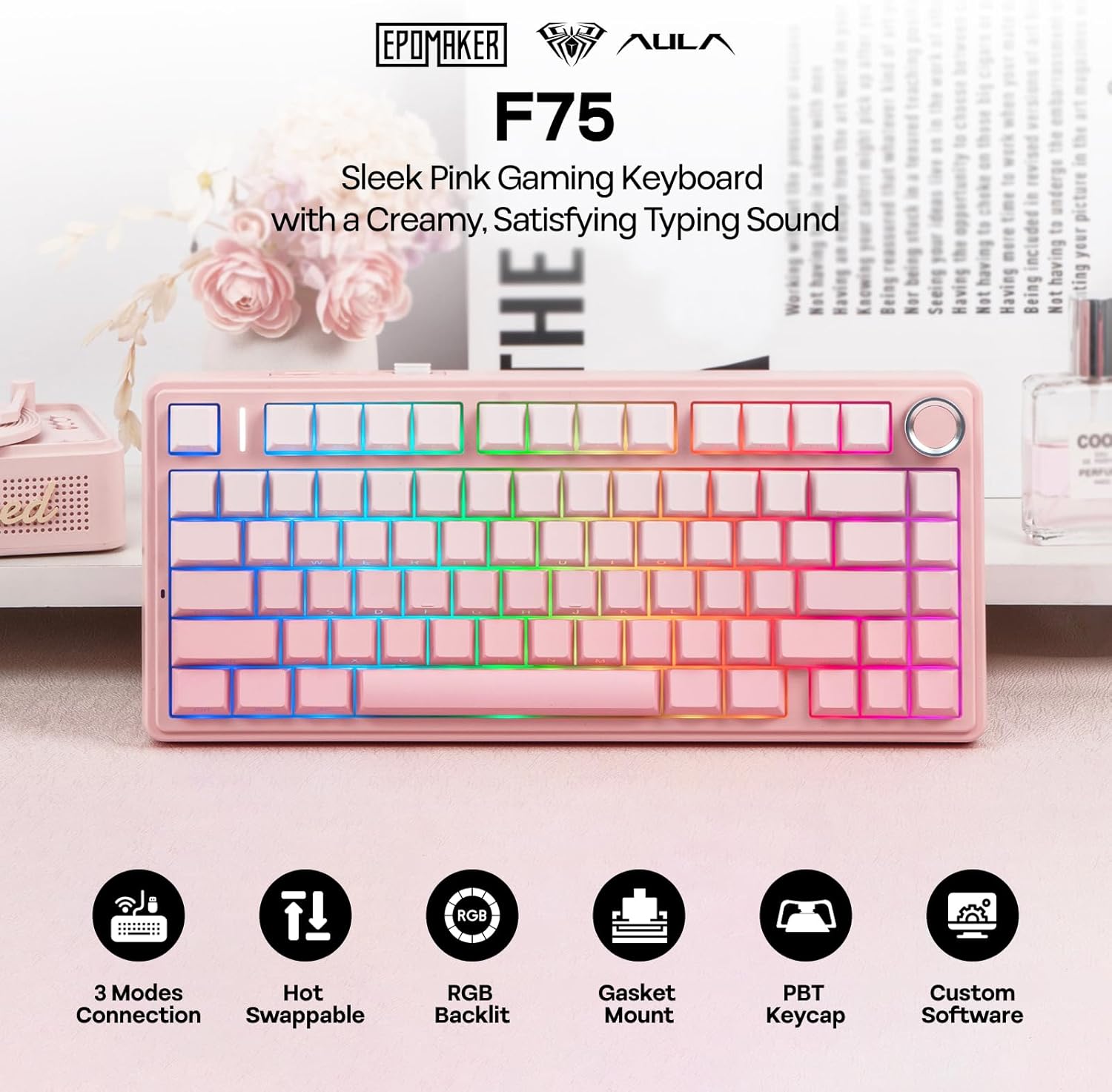 Thumbnail 1 de EPOMAKER X Aula F75 75% Wireless Gaming Keyboard (Pink) — Compact, Quiet, and Fully Customizable