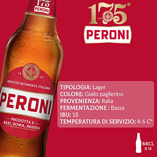 Detalle de Peroni Birra in Cassa da 15 Bottiglie 66 cl – Lager italiana con malto 100% italiano, 4,7% vol