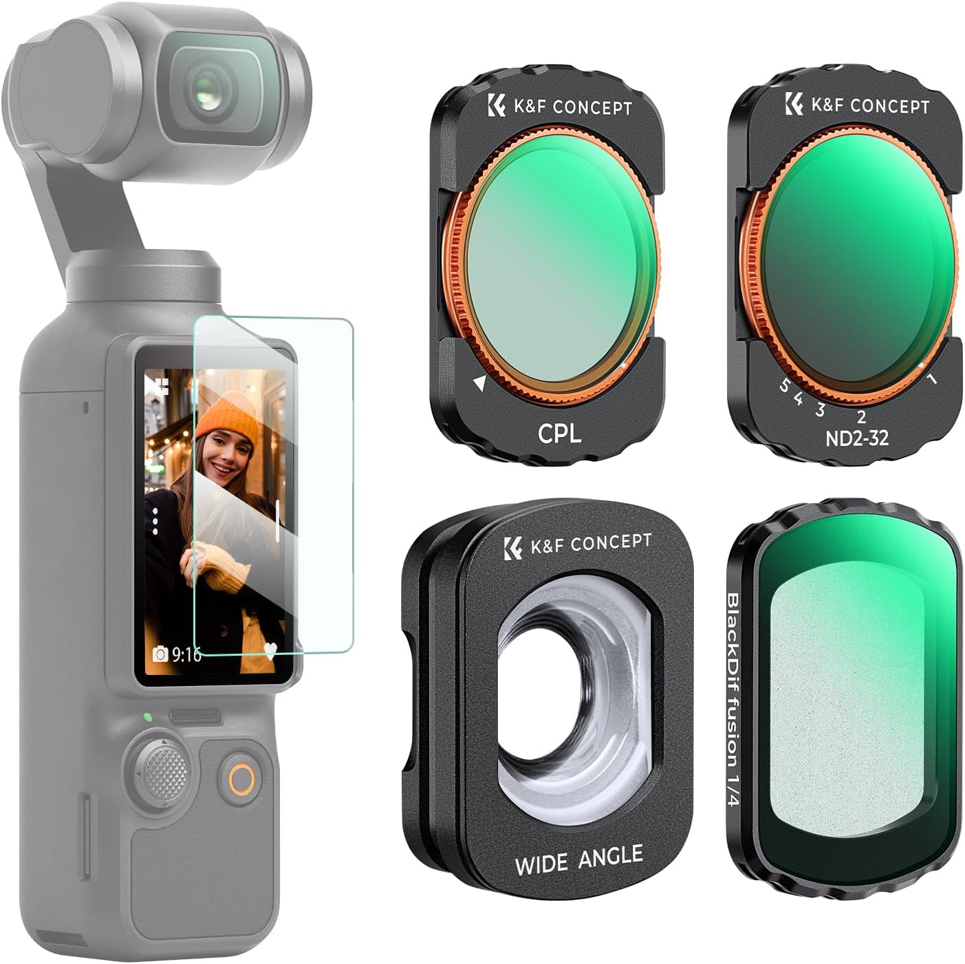 Detalle de K&F CONCEPT FSD01 Filters Kit for DJI Osmo Pocket 3/4 – 4-Pack with Magnetic CPL, Wide Angle, ND2-32 and Black Diffusion 1/4