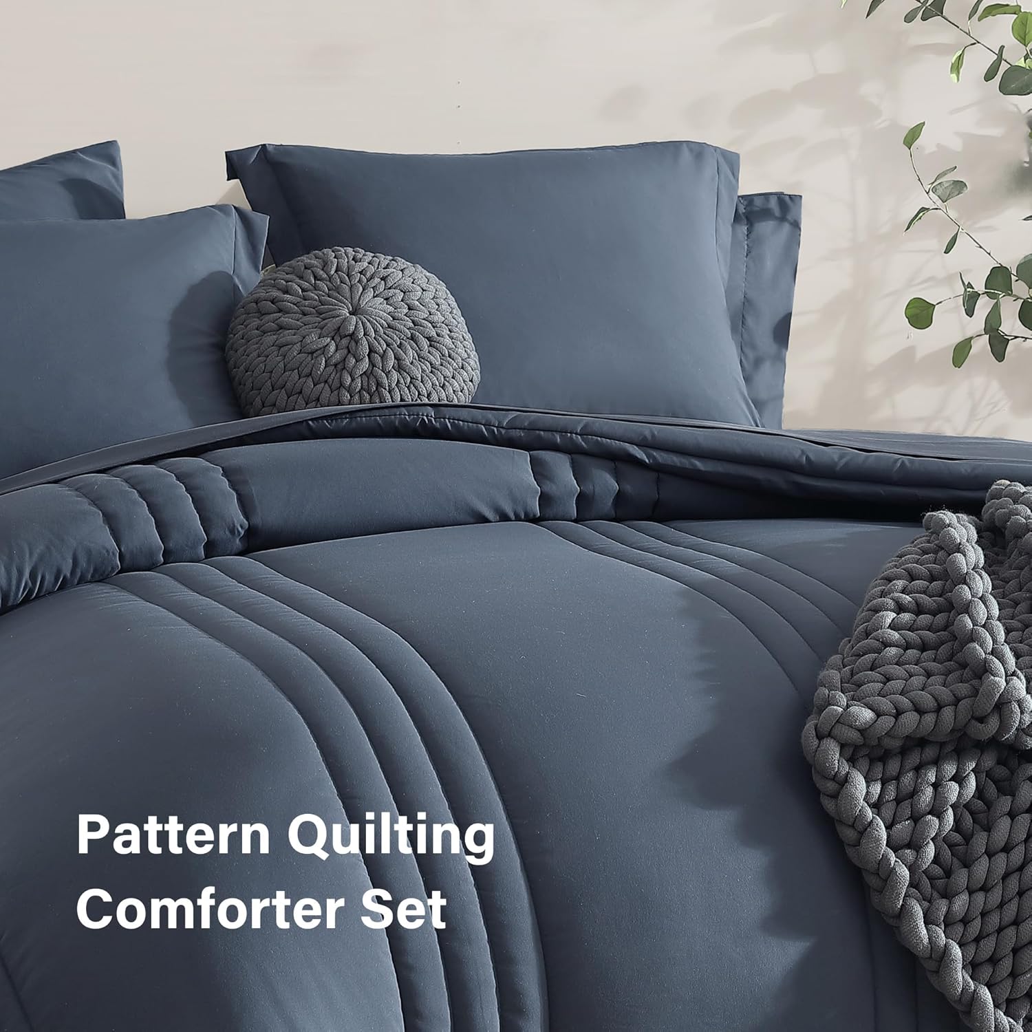 Detalle de Monbix Solid Comforter-001 Full Comforter Set, 7-Piece Blue Grey Polyester