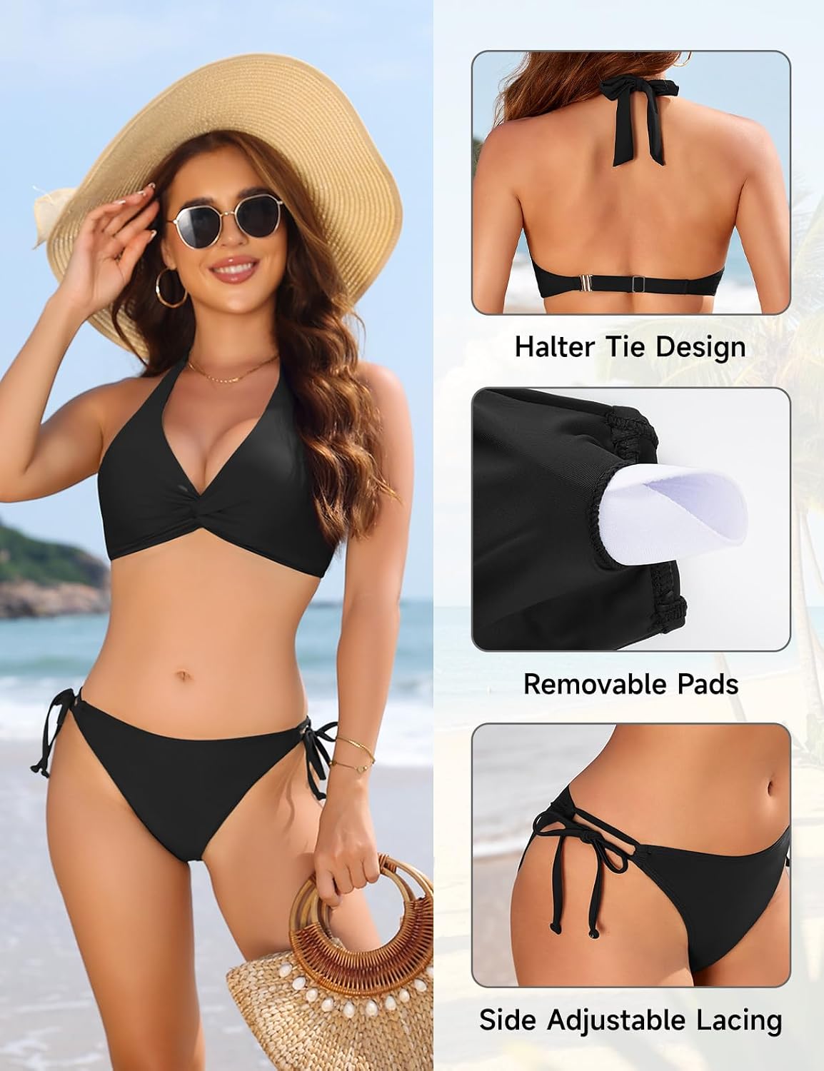 Detalle de Vijamiy Costume Donna due pezzi: bikini halter push-up, vita alta, 8 colori disponibili
