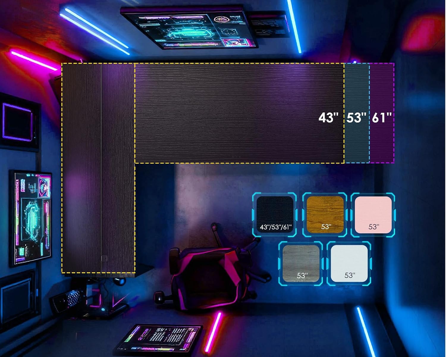 Thumbnail 6 de AODK MN-143 53-Inch L-Shaped Gaming Desk with LED Lights and Power Outlets