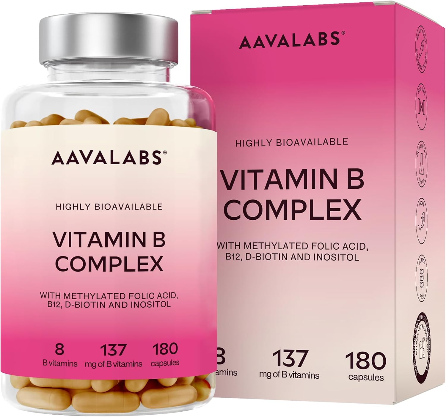 Detalle de AAVALABS Vitamine B-complex capsules, 180 stuks, veganistisch