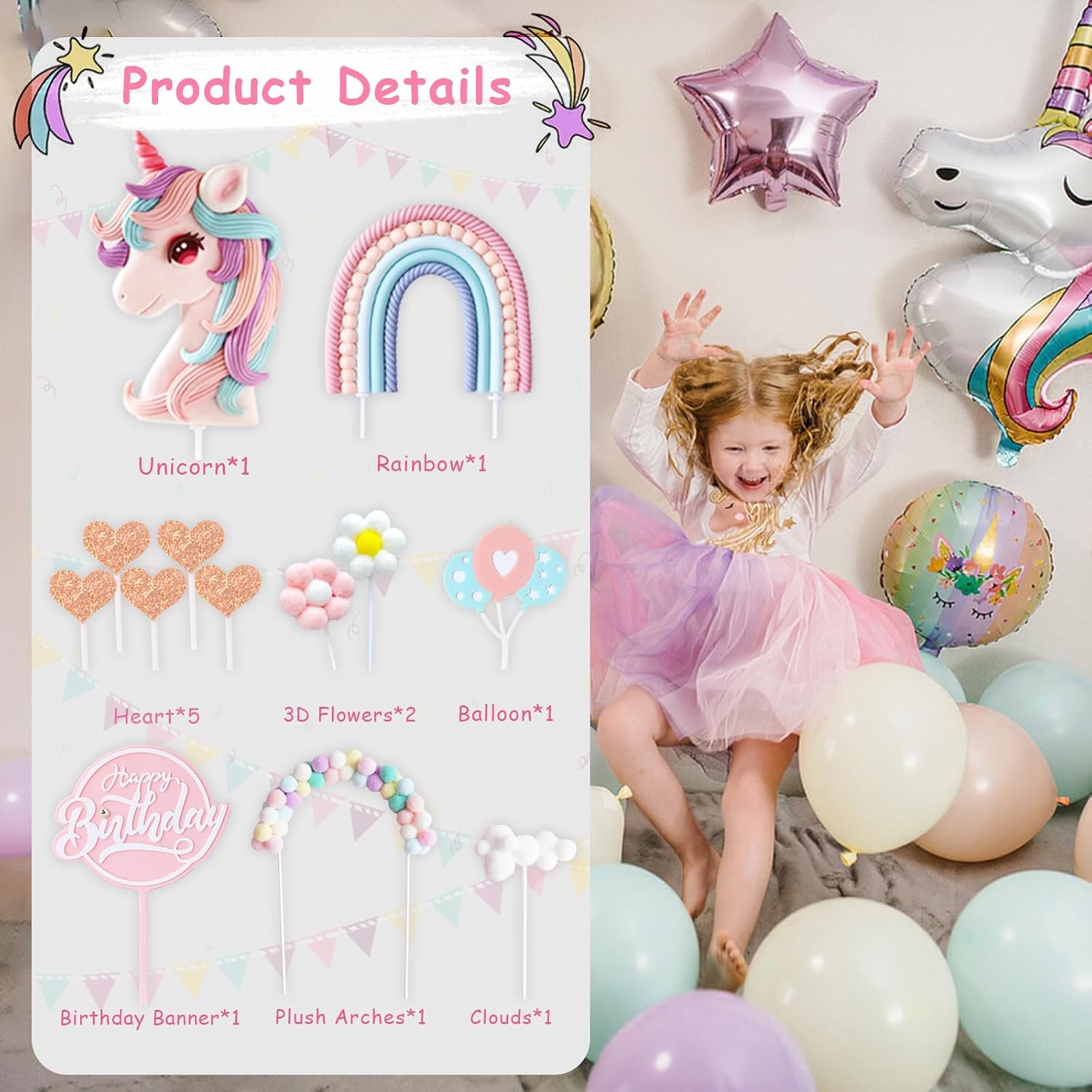 Detalle 2 de AOTWAN Einhorn Tortendeko Geburtstag 2025 – Tortentopper-Set mit 13 Zubehör für Kinder