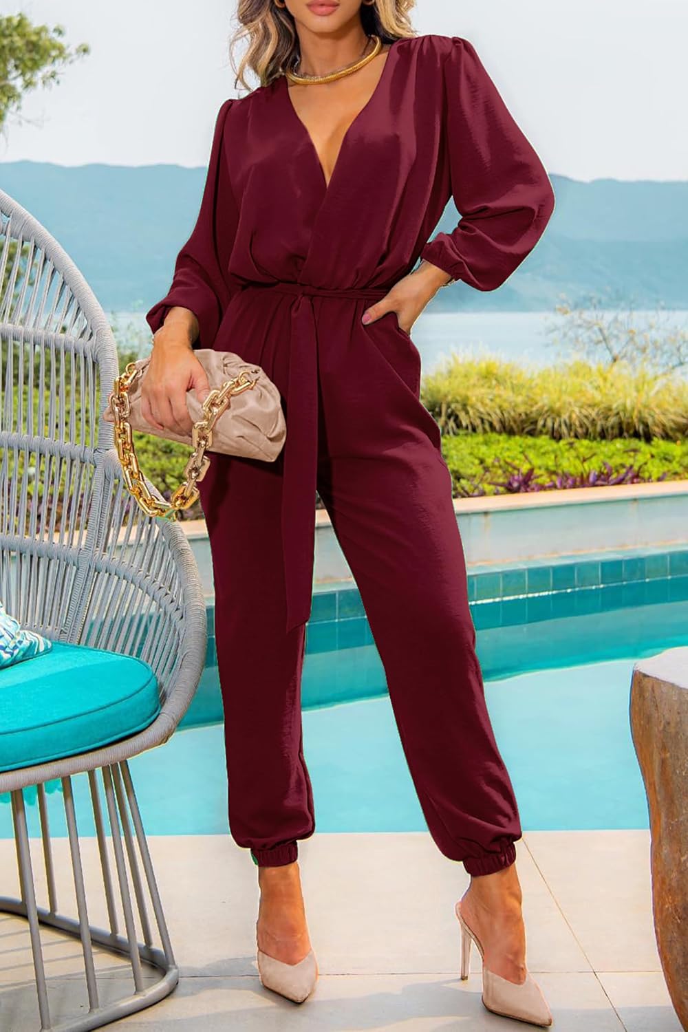 Detalle de PRETTYGARDEN Women’s Long Sleeve V-Neck Jumpsuit Romper with Belt and Pockets