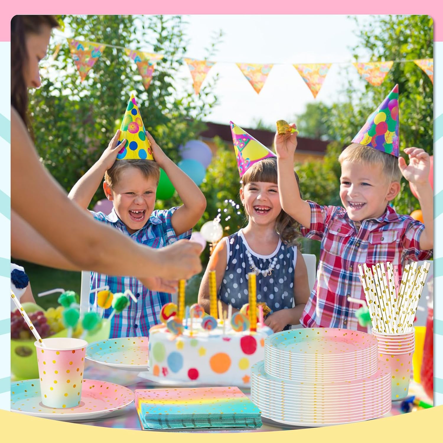 Thumbnail 5 de Nkaiso Partygeschirr-Set Regenbogen, 120-teilig (bis zu 24 Gäste) – Papier-Partygeschirr für Kindergeburtstag & Feiern