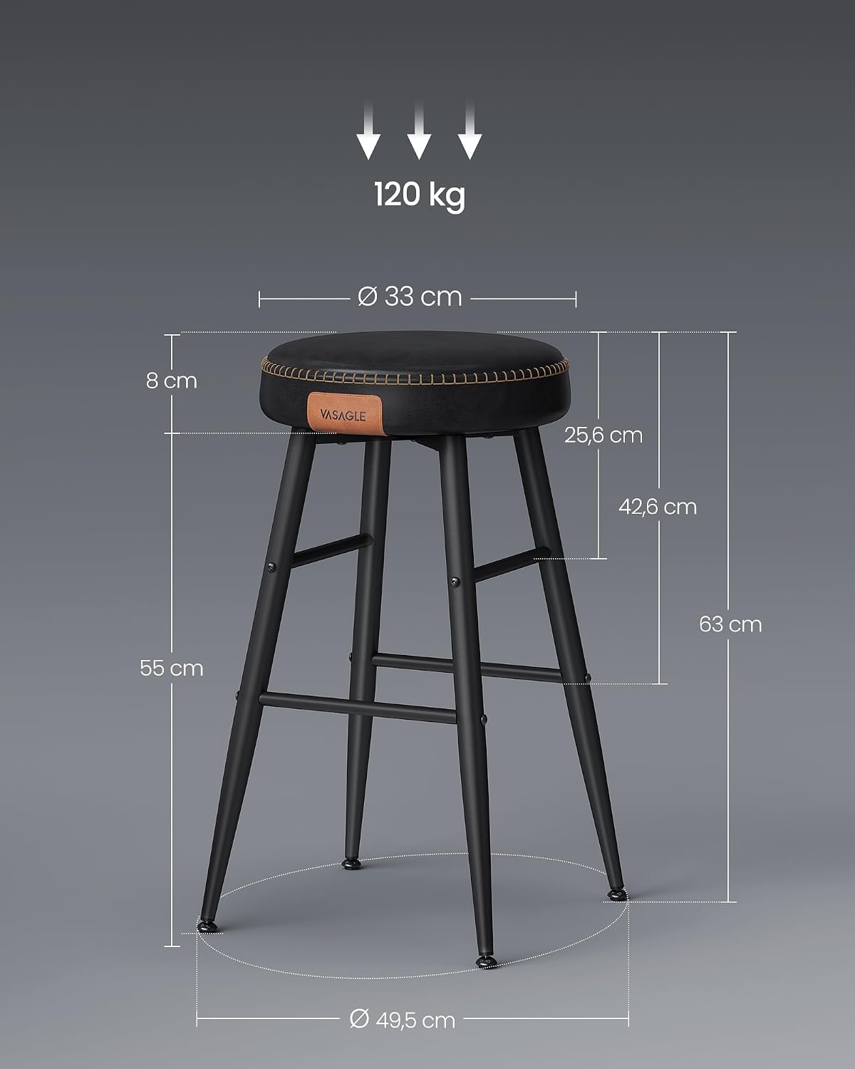 Detalle de VASAGLE EKHO LBC080B01 – 2 niskie stołki barowe, siedzisko PU, 63 cm