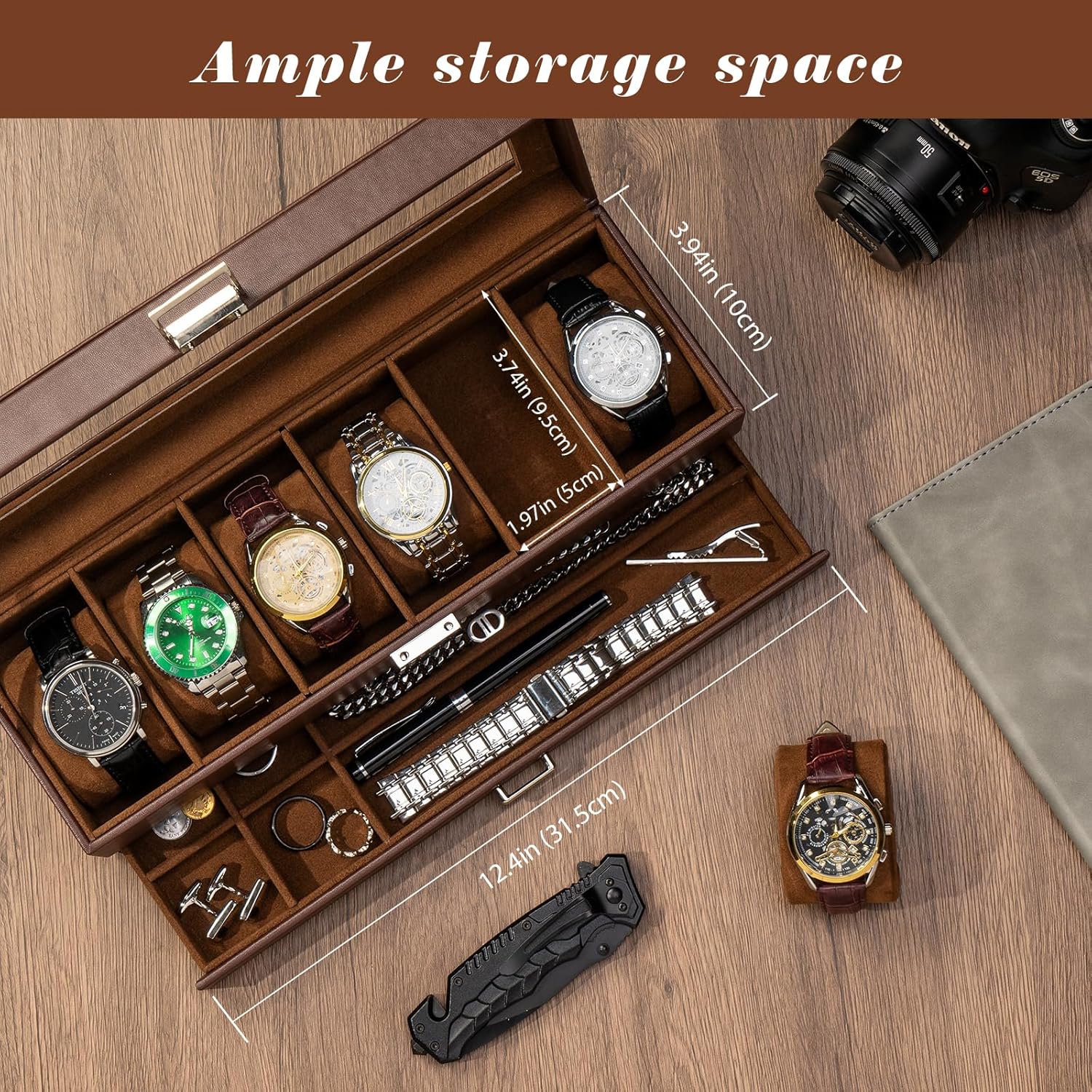 Detalle de ProCase caja de relojes de 6 ranuras con cajón y tapa de cristal (2 capas) – café